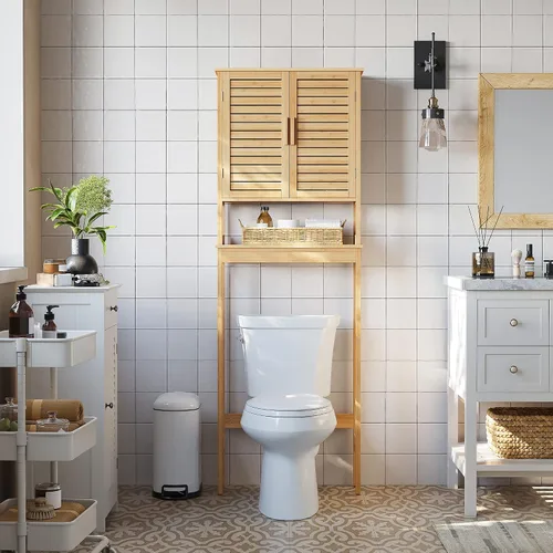 Miniatura 7 de SONGMICS Armario de almacenamiento sobre el inodoro, armario de baño con estante interior ajustable y barra estabilizadora inferior, estante