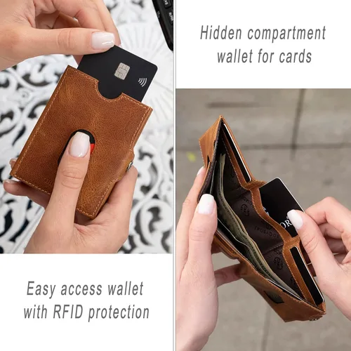 Miniatura 5 de TRUSADOR Valencia Cartera de piel unisex pequeña compacta bolsillo frontal RFID con bolsillo monedero, Coñac, Con bolsillo para monedas