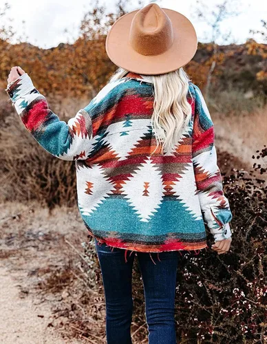 Miniatura 6 de VIEWON Chaqueta de manga larga con estampado azteca para mujer estilo occidental con botones ligera casual con solapa