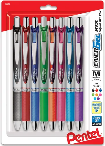 Pentel EnerGel RTX - Bolígrafo de gel líquido retráctil (¹/₃₂ pulgadas), punta de metal, línea mediana, tinta de colores surtidos, paquete de 8