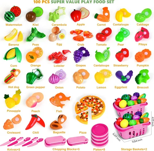 Miniatura 2 de Juego de 100 piezas de comida para niños, juguete de comida de simulación para niños pequeños, accesorios de juguetes de cocina con 2 cestas, corte