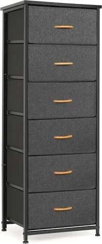 Miniatura 15 de Mifuro Cómoda alta para dormitorio con 6 cajones, torre organizadora de almacenamiento vertical, cómoda con cubos de tela, marco de acero, parte