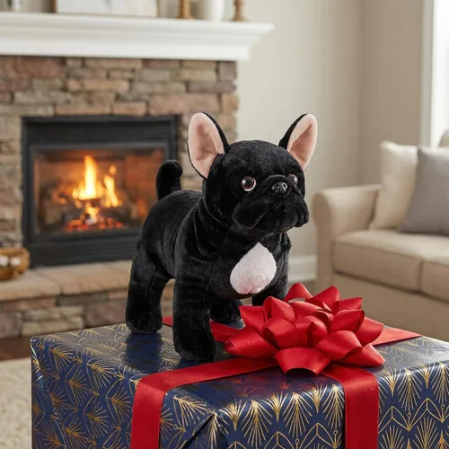 Miniatura 7 de Juguete de peluche de bulldog negro, realista de 13 pulgadas, animal de peluche de perro Bulldog negro, lindo juguete de peluche para cachorros