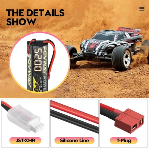 Miniatura 3 de 5200mAh 2S Lipo Battery 80C 7.4V RC LiPo - Carcasa rígida con enchufe en T para automóviles RC, camión RC, avión RC, helicóptero RC, dron