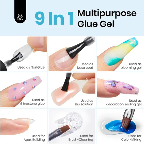 Miniatura 4 de Beetles 9 en 1 Pegamento de Gel para Uñas de Acrílico, 2 Piezas de 10ml Super Fuerte Pegamento de Uñas para Puntas de Uñas Postizas Transparentes