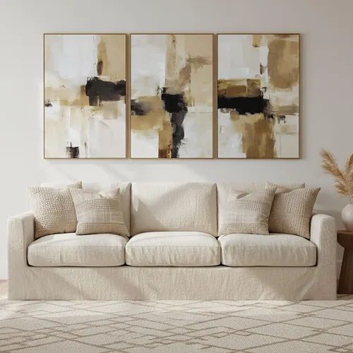 Miniatura 16 de Pintura de Arte de Pared Abstracta Neutra Enmarcada - Decoración de Pared de Lienzo Abstracto Grande con Ilustraciones de Curvas 3D Pintado a Mano