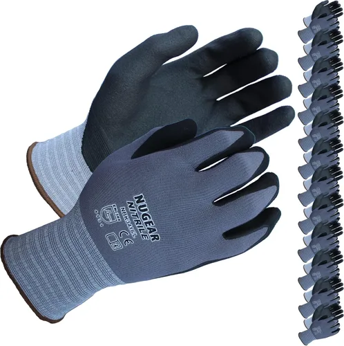 Nugear NBK3416 - Guantes de trabajo de seguridad, 12 pares, guantes de trabajo con revestimiento de nitrilo de microespuma, guantes de nailon,