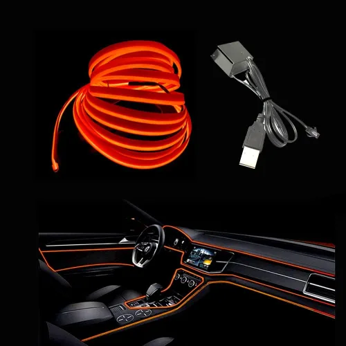 Miniatura 10 de Tira de luces LED de cable electroluminiscente azul para interior de automóvil, 6.5 pies de cable de neón con controlador USB de 5 voltios