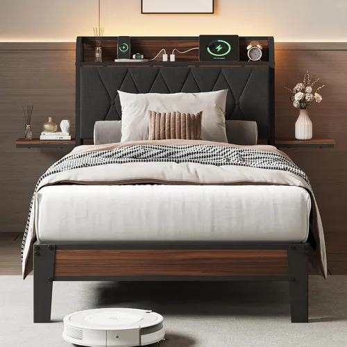 WLIVE Base de cama individual con cabecero, base de cama tapizada con 2 estantes de almacenamiento, cama de plataforma con luces LED y estación de