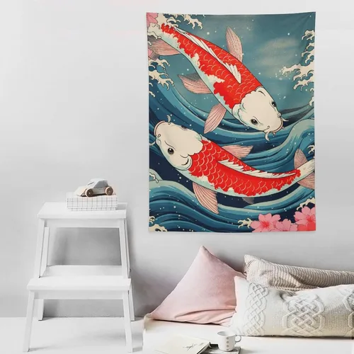 Miniatura 8 de QEOPGNE Tapiz de pared grande con diseño de pez Koi, grandes olas japonesas, flores de cerezo, banderas retro para habitación, sala de estar