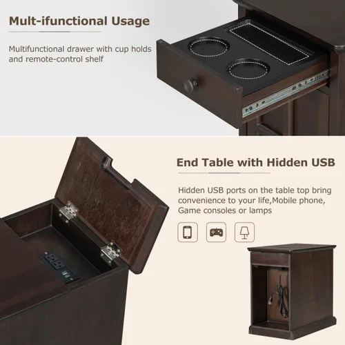Miniatura 5 de Mesa auxiliar pequeña con estación de carga, puertos USB, bandeja extraíble oculta, mesa auxiliar con armario de almacenamiento, mesa decorativa