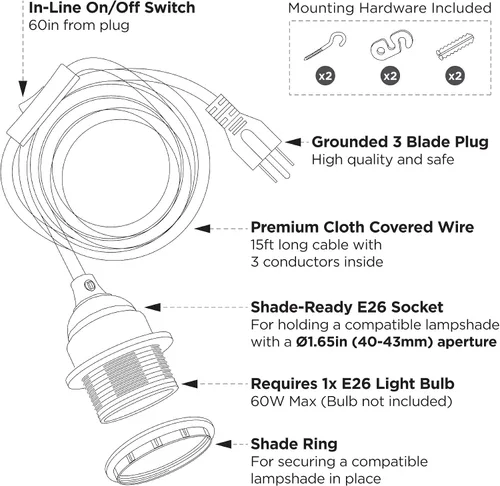 Miniatura 7 de BRIGHTTIA Lámpara colgante de swag negra enchufable – Pantalla de lámpara lista para colgar E26 enchufe roscado con juego de cable de 15 pies e Negro