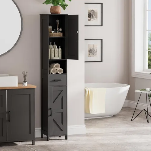 Miniatura 2 de HOMHEDY - Armario alto de 67 pulgadas con 2 puertas tipo granero, 1 cajón, estantes ajustables, unidad estrecha para baño, sala de estar, entrada