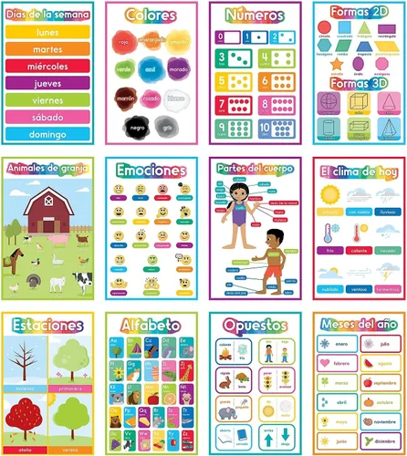 Carson Dellosa - 16 pósteres de aprendizaje temprano en español, colores de 11 x 17 pulgadas, números, alfabeto, formas, palabras a la vista, arte