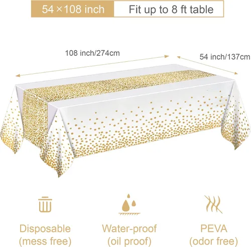 Miniatura 2 de MOLFUJ Mantel de plástico blanco y dorado de 54 x 108 pulgadas para fiesta, paquete de 2 manteles desechables blancos para mesa rectangular de 8