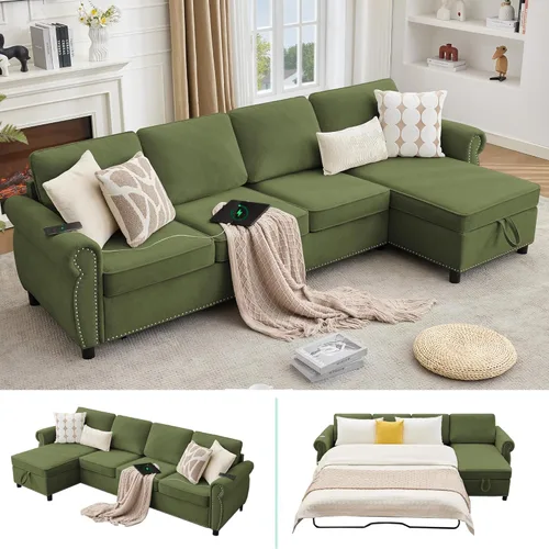 Miniatura 12 de 106" L Shaped Pull Out Sofa Bed, Modern Modular 4 Seater Storage Couch, 2-in-1 Sleeper Sofa Bed with Reversible Chaise and Wireless&USB Ports