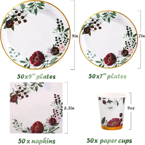 Miniatura 2 de 200 platos de papel floral y servilletas para fiestas, decoraciones de despedida de soltera sirven 50, borgoña para bodas, cumpleaños, día de San