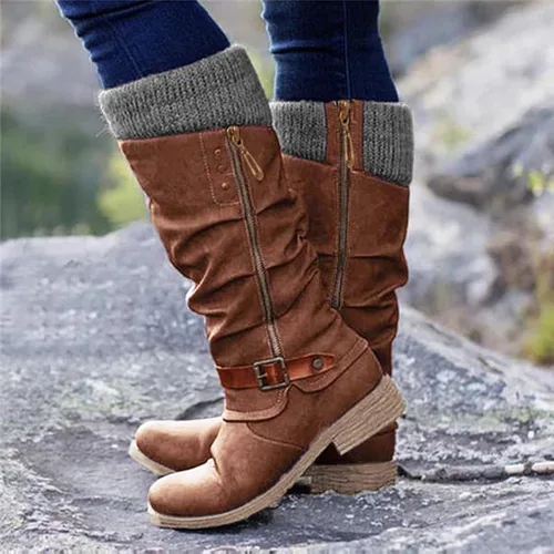 Miniatura 2 de Botas de media pantorrilla para mujer, botas vaqueras de cuero occidental, elegantes botas altas hasta la rodilla, botas desplegadas vintage