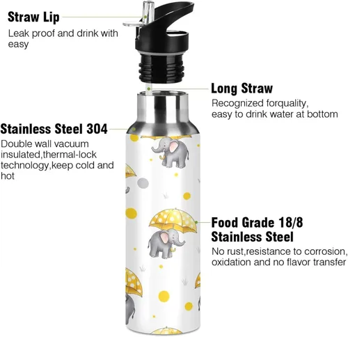 Miniatura 3 de Cute Elephants Yellow Umbrellas Stainless Steel Vacuum Insulated Water Bottle 32 Oz Leakproof Water Bottles, BPA-Free Sport Water Bottle