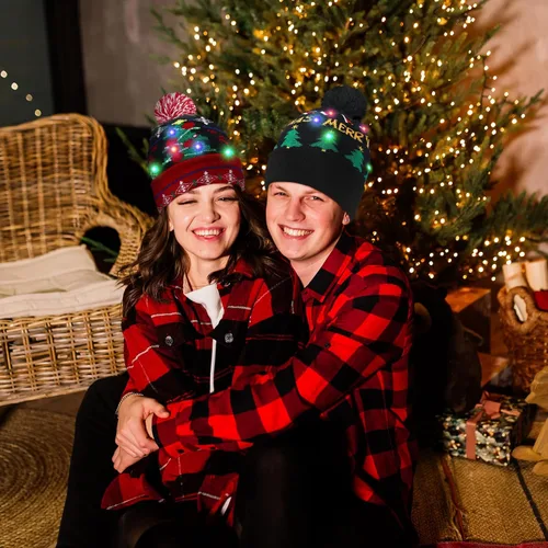 Miniatura 6 de Geyoga Sombrero de suéter de Navidad con luces LED, gorro de punto, gorro de invierno unisex