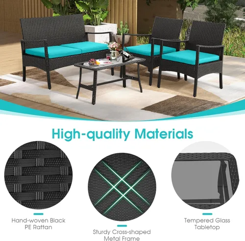 Miniatura 6 de HAPPYGRILL Juego de 4 muebles de mimbre para patio, juego de conversación de mimbre de polietileno, sofá de ratán con cojines, mesa de centro