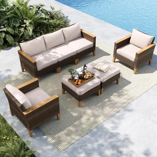 Miniatura 8 de MFSTUDIO Juego de 2 muebles de ratán para patio, sofá biplaza de mimbre para exteriores, juego de conversación para jardín, piscina, patio trasero