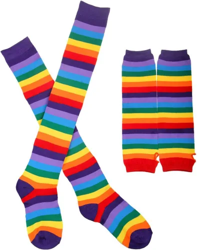 Miniatura 2 de Conjunto de calcetines de arco iris para mujer, a rayas, hasta la rodilla, calentador de brazos, guantes sin dedos