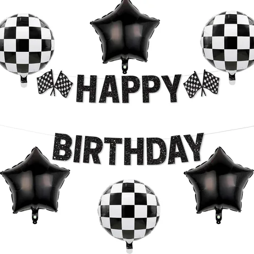 Miniatura 17 de Cartel de cumpleaños de coche de carreras, pancarta de feliz cumpleaños a cuadros, decoraciones de fiesta de autos de carreras, fiesta temática