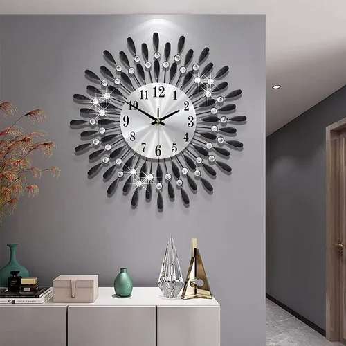 Miniatura 8 de Reloj de pared de 19.7 pulgadas, negro, para decoración de sala de estar, esfera de pétalos de metal silenciosa sin tictac, grandes relojes de pared