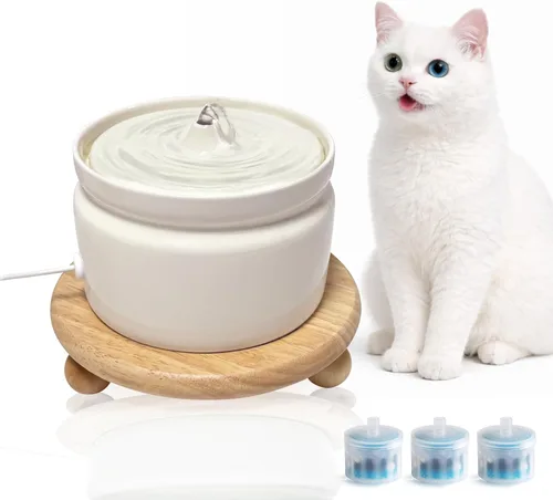 Fuente de agua de cerámica para gatos, fuente automática para beber mascotas de 1 litro/32 onzas, bomba silenciosa alimentada por USB, triple Crema