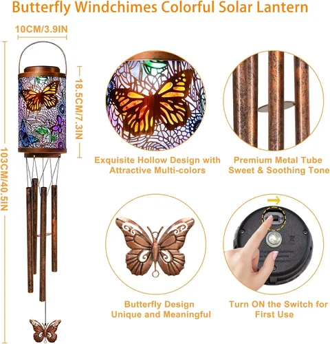 Miniatura 5 de Campanillas de viento solares de mariposa para exteriores, regalos de jardín para mamá, faroles solares para decoración al aire libre para balcón