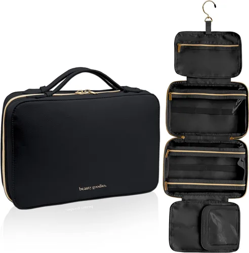 BEAUTYGOODIES Neceser colgante impermeable aprobado por la TSA para mujer, de viaje/artículos de tocador, color negro, Negro -, L, Bolsas
