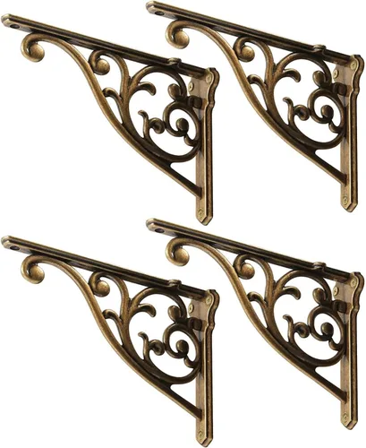 Miniatura 50 de Soportes de estante de 4 pulgadas, paquete de 4 soportes de pared de latón antiguo de alta resistencia, estantes decorativos de cocina victoriana