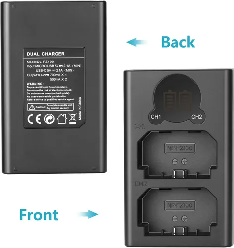 Miniatura 7 de NEEWER Paquete de 2 baterías de repuesto NP-FZ100 de 2280 mAh y cargador USB dual con pantalla LCD, compatible con Sony ZV-E1 A7III A7IV FX3 FX30