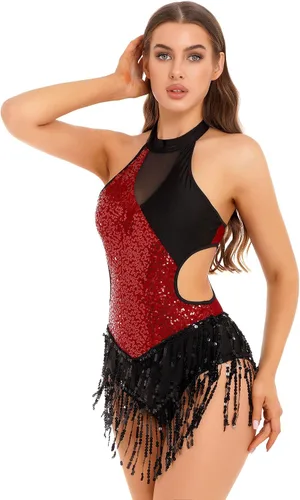 Miniatura 3 de Xnihocha Body de lentejuelas brillantes con flecos, leotardo sexy con borlas, traje de baile de jazz, vestido de una pieza para actuación en escen