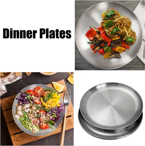Miniatura 7 de CAMBUY Juego de platos de acero inoxidable de 10 pulgadas, platos de metal ligeros irrompibles para cena, no tóxicos, aptos para lavavajillas, sin