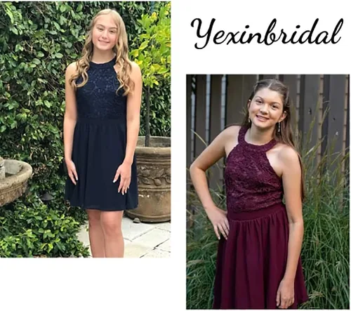 Miniatura 4 de Yexinbridal Halter Vestidos cortos de dama de honor gasa floral encaje boda país