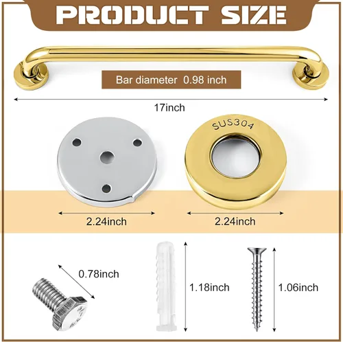 Miniatura 2 de Tatuo Paquete de 4 barras de agarre para bañeras, acero inoxidable 304, pasamanos de seguridad para baño, asas antideslizantes, barras de agarre Oro