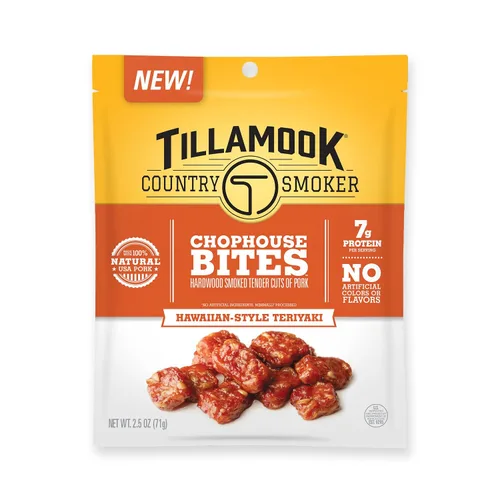 Tillamook Country Smoker Bocadillos de carne seca de cerdo, bocadillos de chofón para ahumadores campestres, cortes tiernos teriyaki al estilo