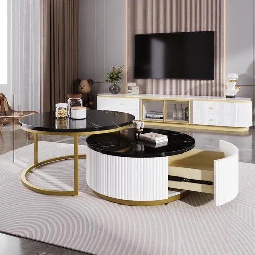Miniatura 6 de Moderna mesa de centro redonda anidable acanalada con cajón en negro y dorado en 27.6 pulgadas