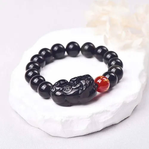 Miniatura 12 de Pulsera de obsidiana negra, pulsera de obsidiana negra Feng Shui para mujeres y hombres, pulsera elástica de obsidiana con piedra de ojo de tigre