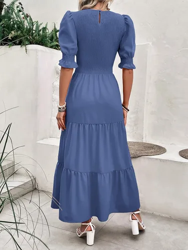 Miniatura 103 de BTFBM Vestidos para mujer, cuello redondo, casual, de verano, con volantes, manga corta, bohemio, con niveles, fruncido, largo, con estampado floral