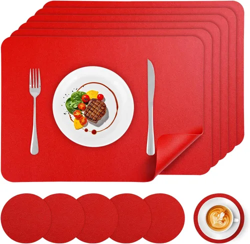 Miniatura 10 de Juego de 6 manteles individuales de vinilo, impermeables, de piel sintética, resistentes al calor, manteles individuales para mesa de comedor