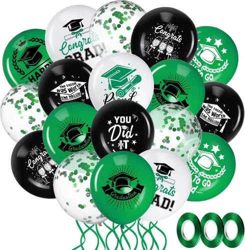 Honoson 72 globos de fiesta de graduación, color verde y negro, decoración de graduación de 2026, globos de látex de felicitaciones, suministros de