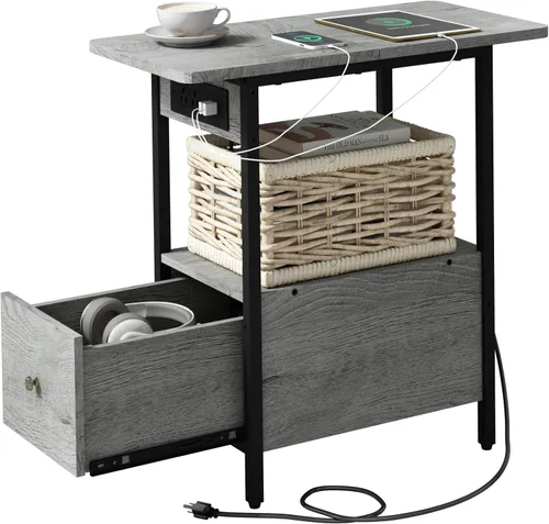 Miniatura 16 de LIDYUK Mesa auxiliar con estación de carga, mesa auxiliar estrecha con cajón, puertos USB y tomas de corriente, mesita de noche para espacios Negro