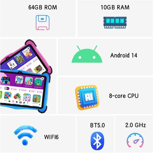 Miniatura 2 de Fivahiva Tableta para niños de 7 pulgadas, tableta Android 14 para niños, Octa-Core, 10 GB de RAM +64 GB de ROM 512 GB expandir, cámara dual, Rosa