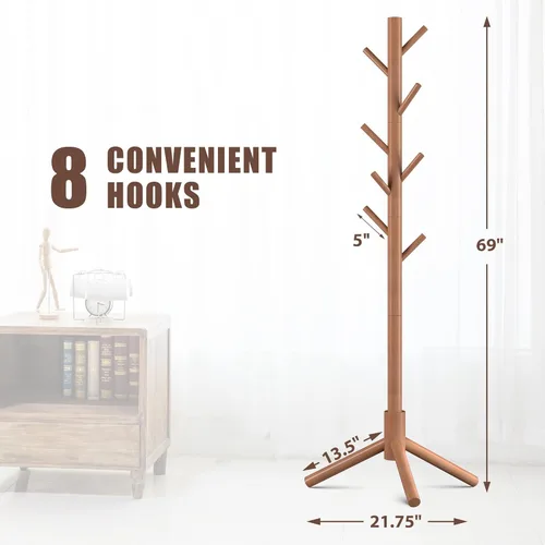 Miniatura 2 de Haddockway Perchero de Madera con 8 Ganchos de Pino de Nueva Zelanda con 3 Niveles Ajustables, Árbol Perchero de Pie de Fácil Montaje para Abrigos