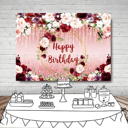 Miniatura 4 de Sensfun Telón de fondo de cumpleaños floral burdeos con diseño de lunares con purpurina y diseño floral de feliz cumpleaños para mujeres y niñas