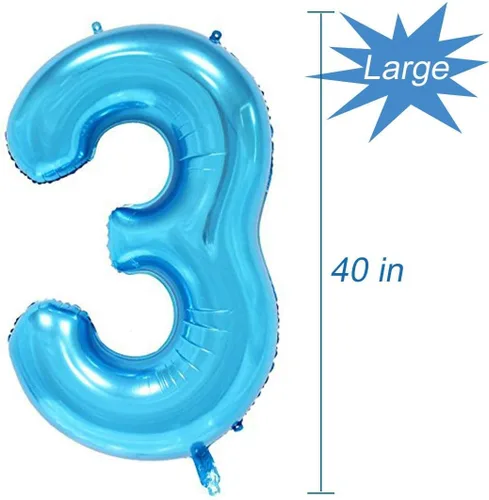 Globo del número 3, globos de papel de aluminio con helio, decoraciones de fiesta infantil de 3º cumpleaños para niños, color azul, 40 pulgadas