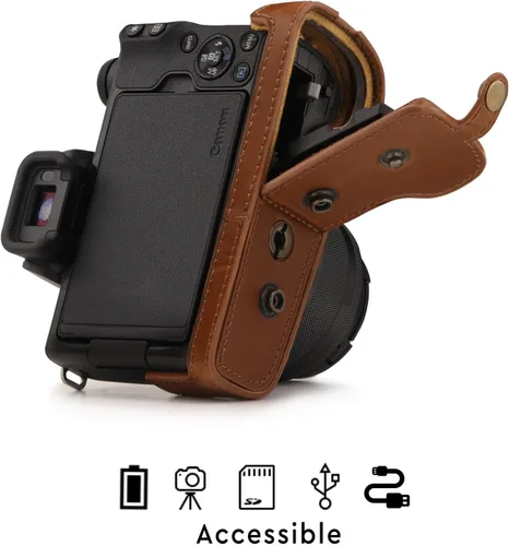 Miniatura 4 de MegaGear Canon EOS M50 - Funda de piel sintética para cámara, diseño siempre listo con acceso a la batería, lente de 0.591-1.772 in, color marrón